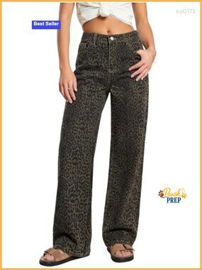 Baggy Wide Leg High Waist Leopard Print Jeans Y2K Vintage Style Casual